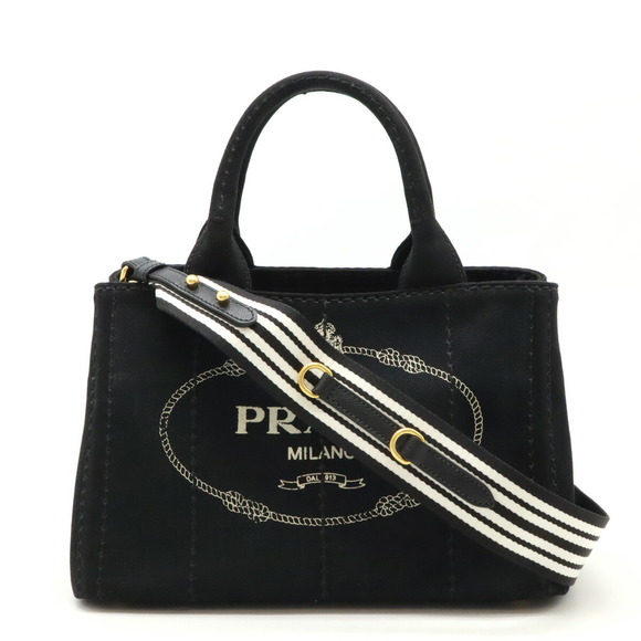 Prada Nero Shoulder Black Striped Bag Canapa Canvas - Picture 1 of 8